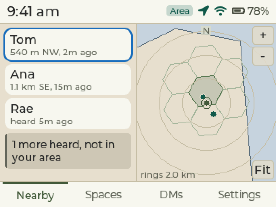 Handheld LoRa device showing nearby neighbors and a hex coverage map