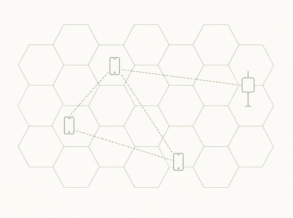 Hexagonal neighborhood cells with phones and a radio node connected by dashed paths